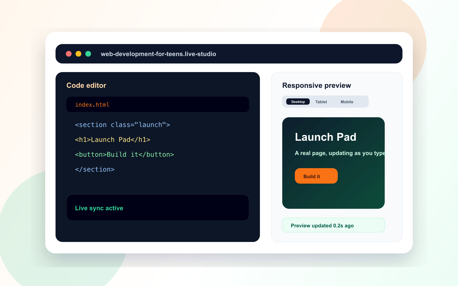 Website Development live coding workspace with responsive preview