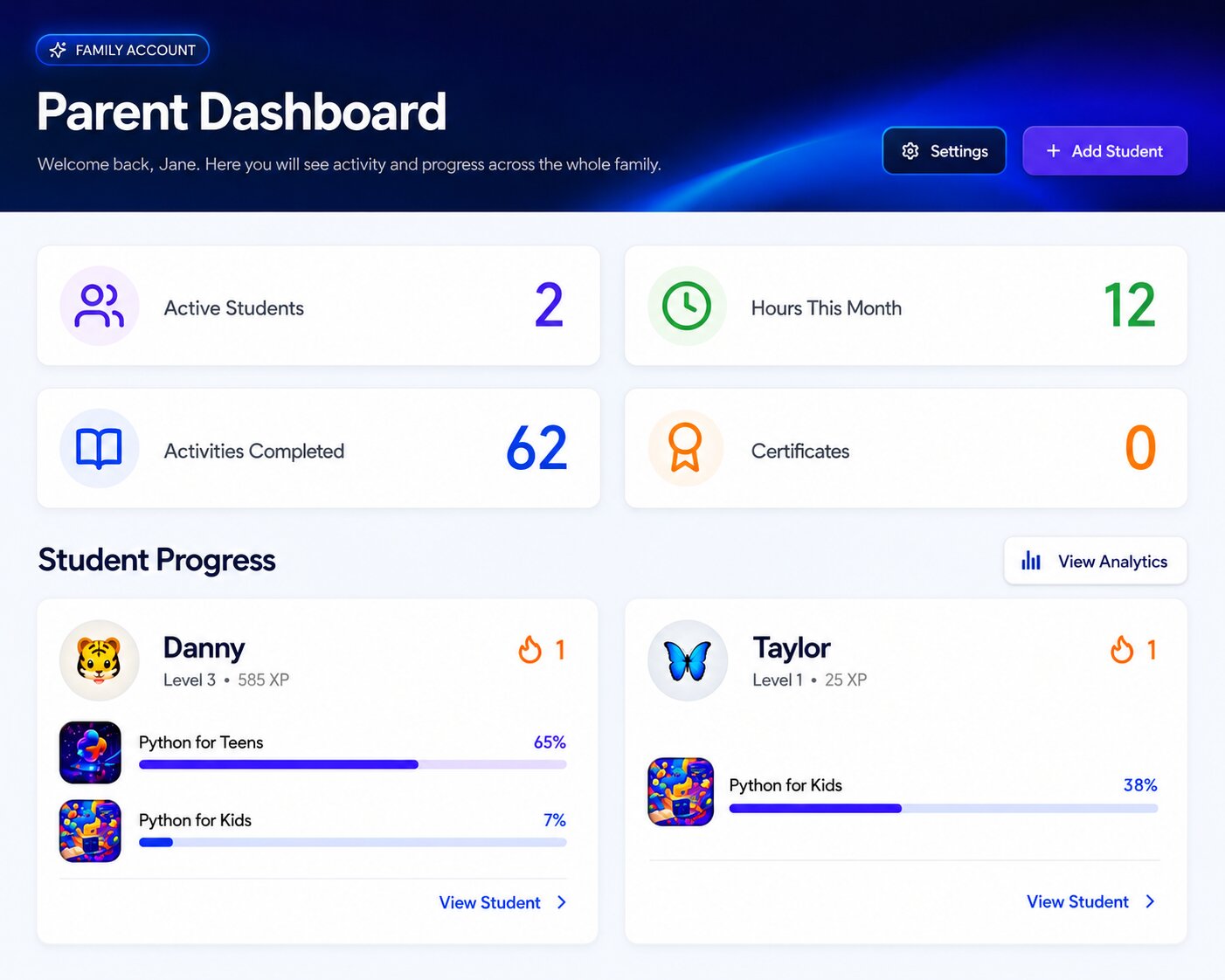 Generation STEM parent dashboard showing student progress and project proof