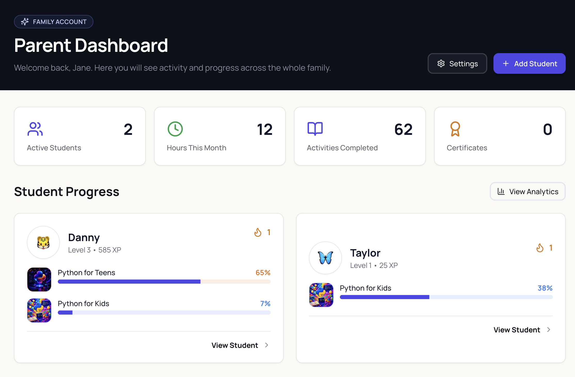 Generation STEM parent dashboard showing student progress and project proof